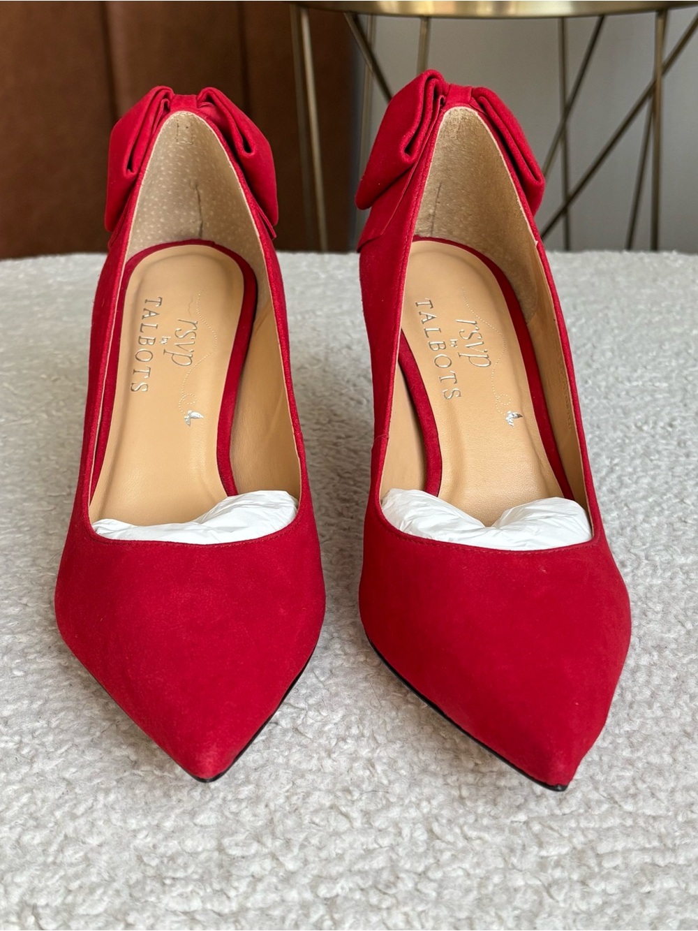 Talbots Red Suede Bow-Back Pointed-Toe Pumps. NWT. Original Box. Size 8.
